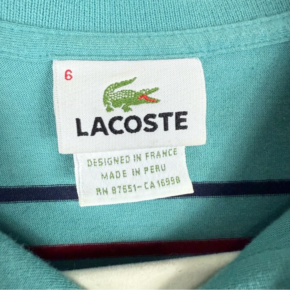 Lacoste Polo Mens 7 Large Teal Blue Red Stripe Short Sleeve Preppy Short Sleeve - Picture 5 of 8